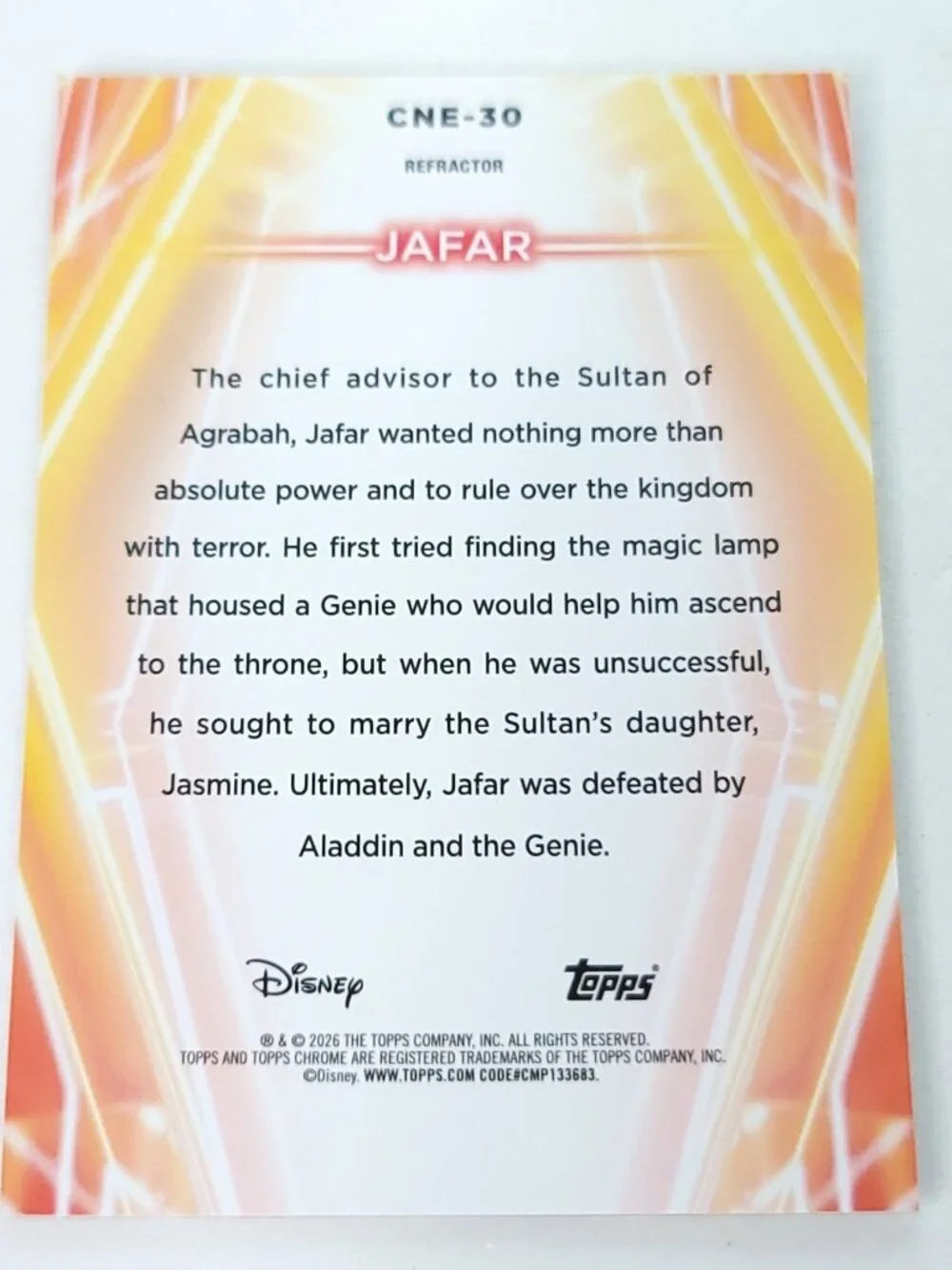 Jafar Topps 2026 Disney Neon Holo Chrome Refractor Limited 166/199 CNE